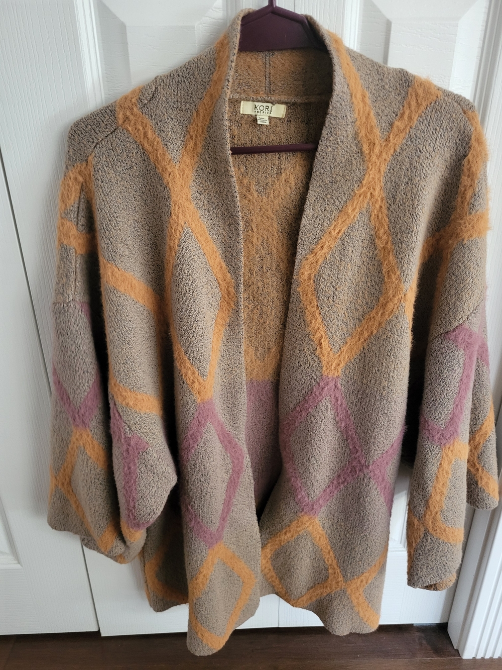 Kori Beige Open-Front Cardigan with Orange and Mauve Diamond Pattern